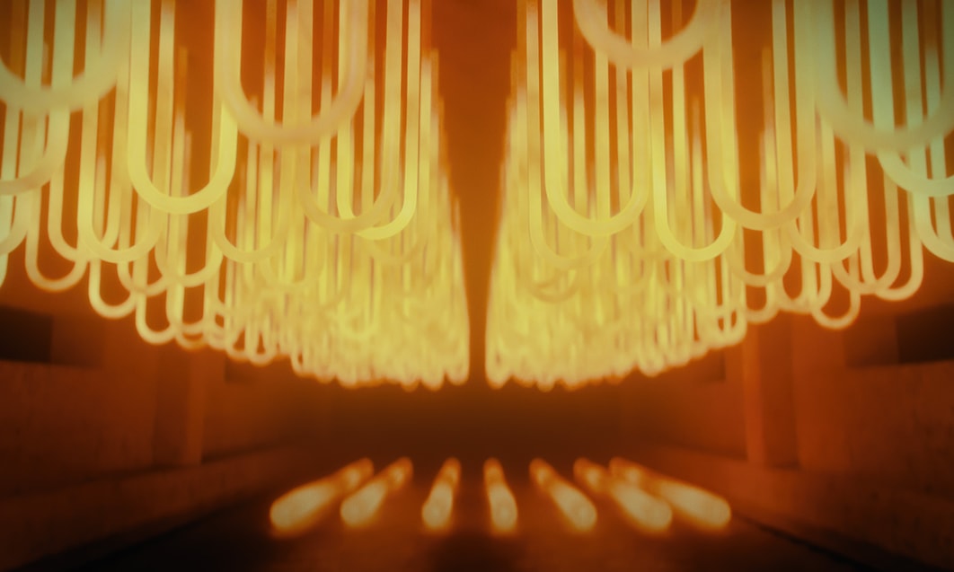 a group of lights from a ceiling