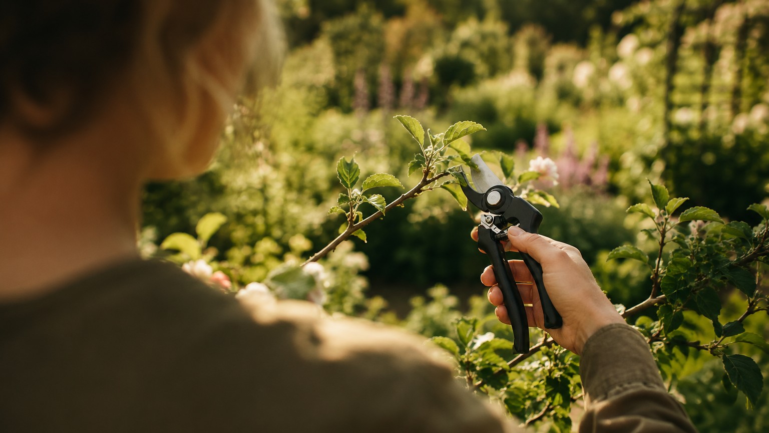 a person cutting a tree with a pruning shears