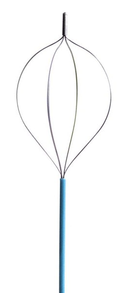 a wire whisk with a blue handle