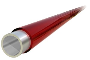 a long red tube with silver rim