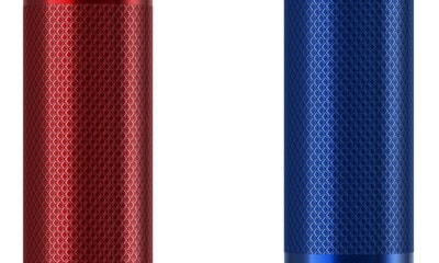 a red and blue cylindrical objects